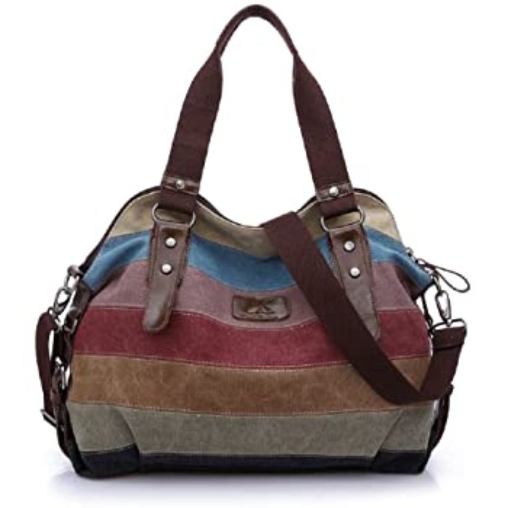 RETON Rainbow Canvas Tote Bag Multi-Color Striped
